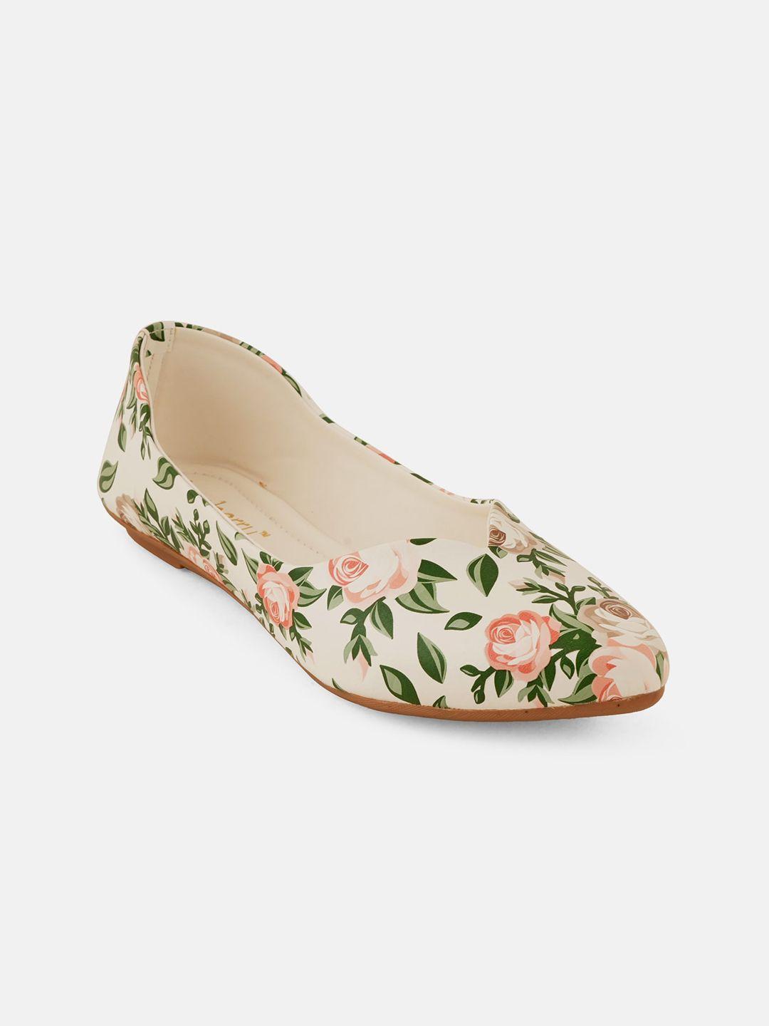 dressberry cream-coloured & green floral printed pointed toe ballerinas