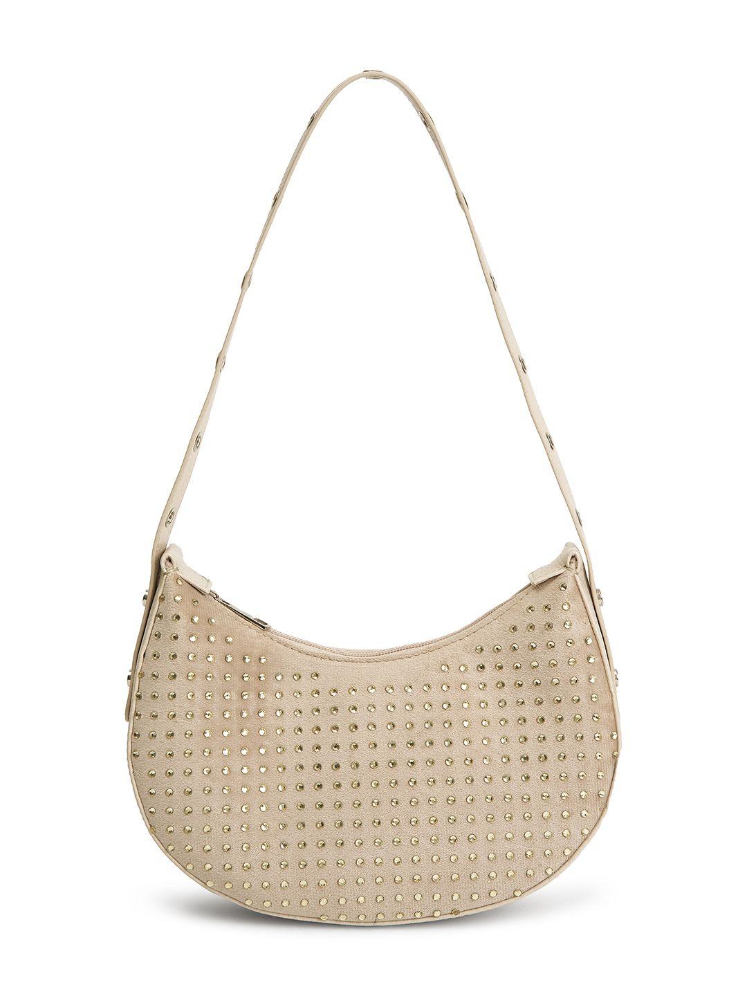 dressberry cream-coloured pu half moon handheld bag with cut work