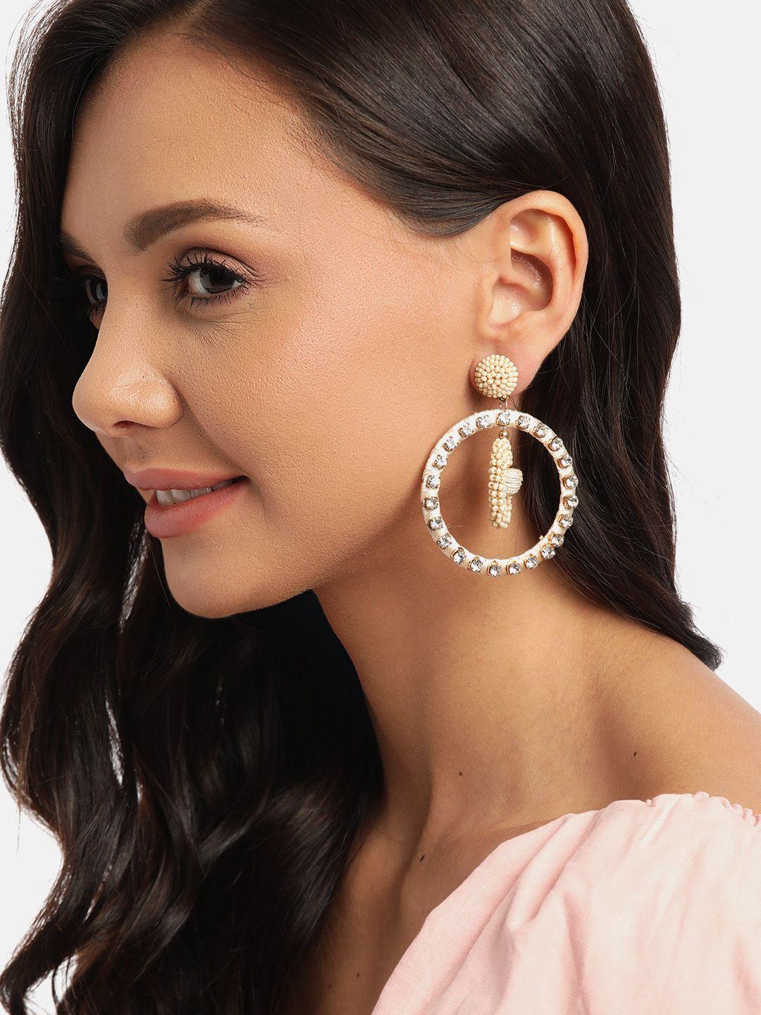 dressberry cream-coloured stone-studded & beaded handcrafted circular drop earrings