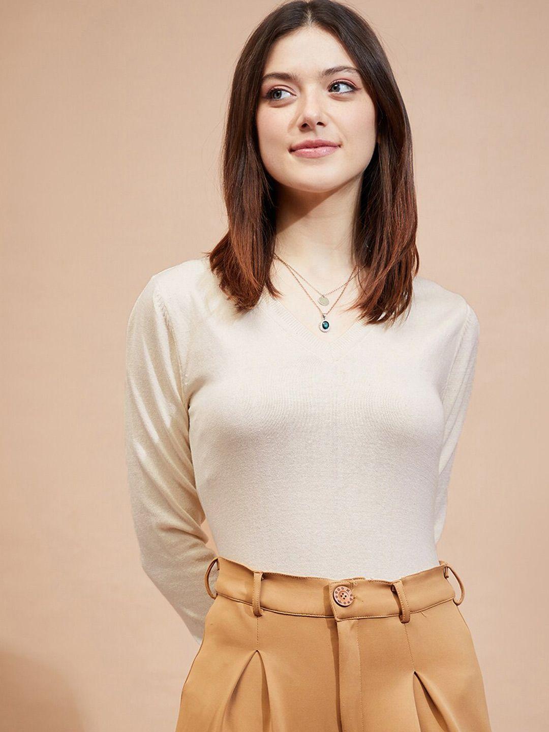 dressberry cream-coloured v-neck cotton sweater
