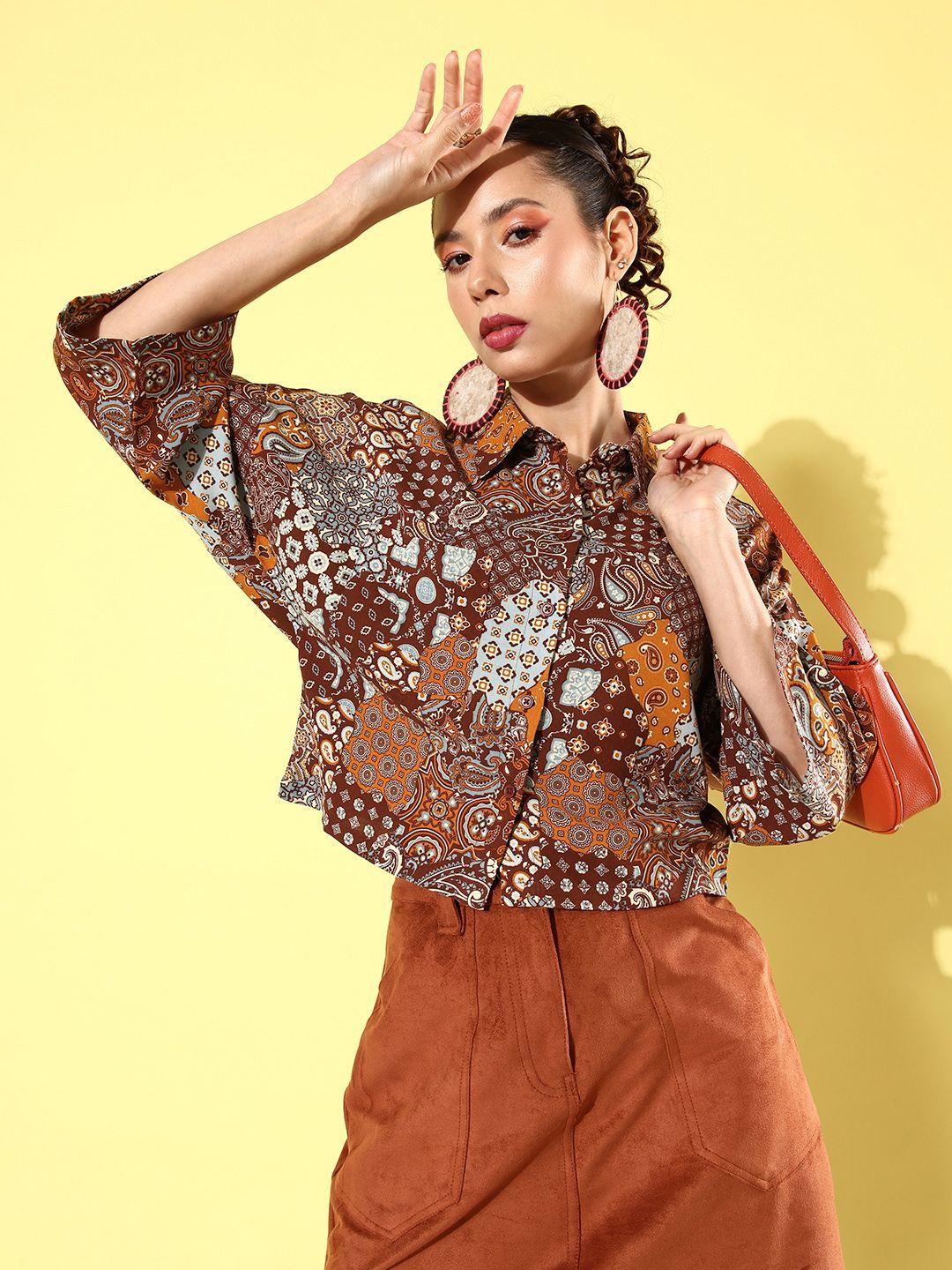 dressberry earthy brown ethnic motifs printed holiday hype casual shirt