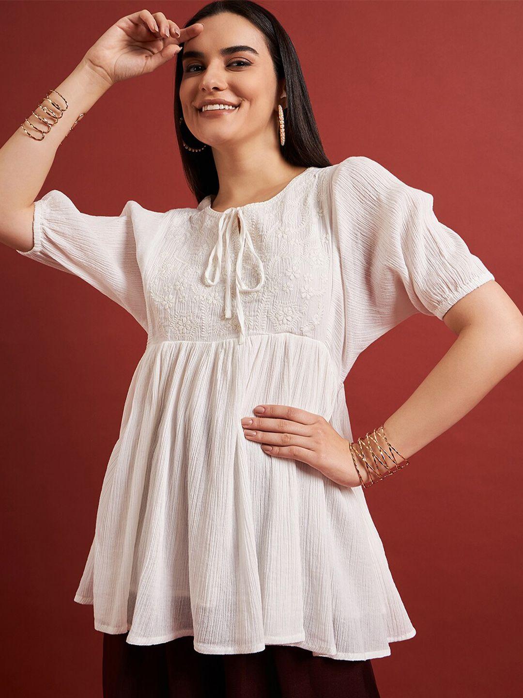 dressberry embroidered round neck puff sleeve cotton top