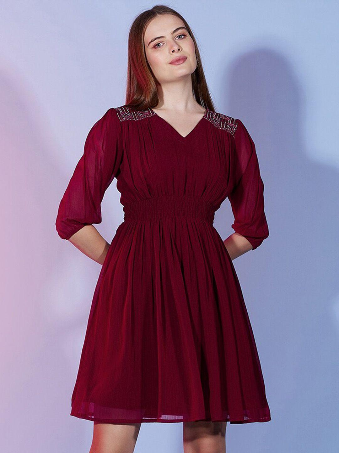 dressberry embroidered v-neck three-quarter sleeves blouson dress