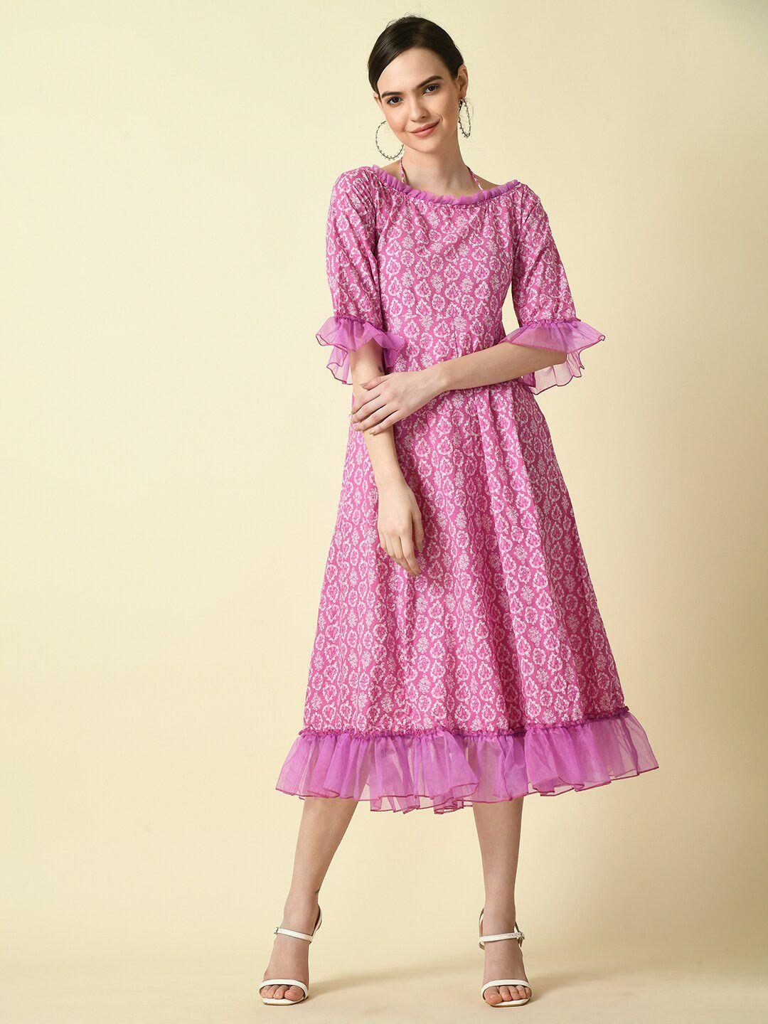 dressberry ethnic motifs print bell sleeve ruffled a-line midi dress