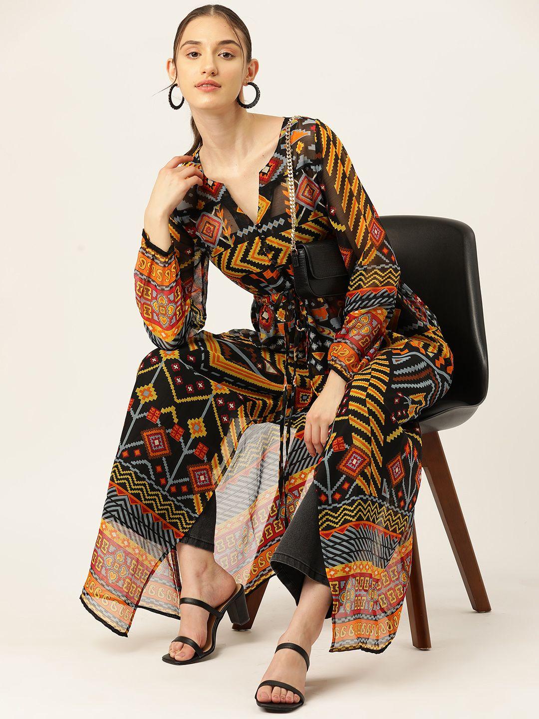 dressberry ethnic motifs print puff sleeve maxi longline top