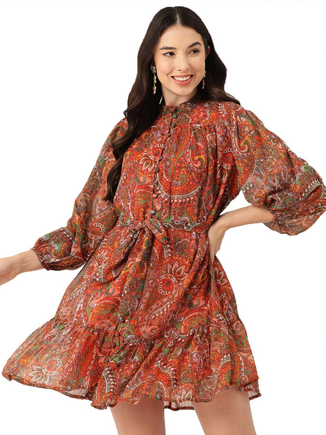 dressberry ethnic printed puff sleeves belted georgette fit & flare mini dress