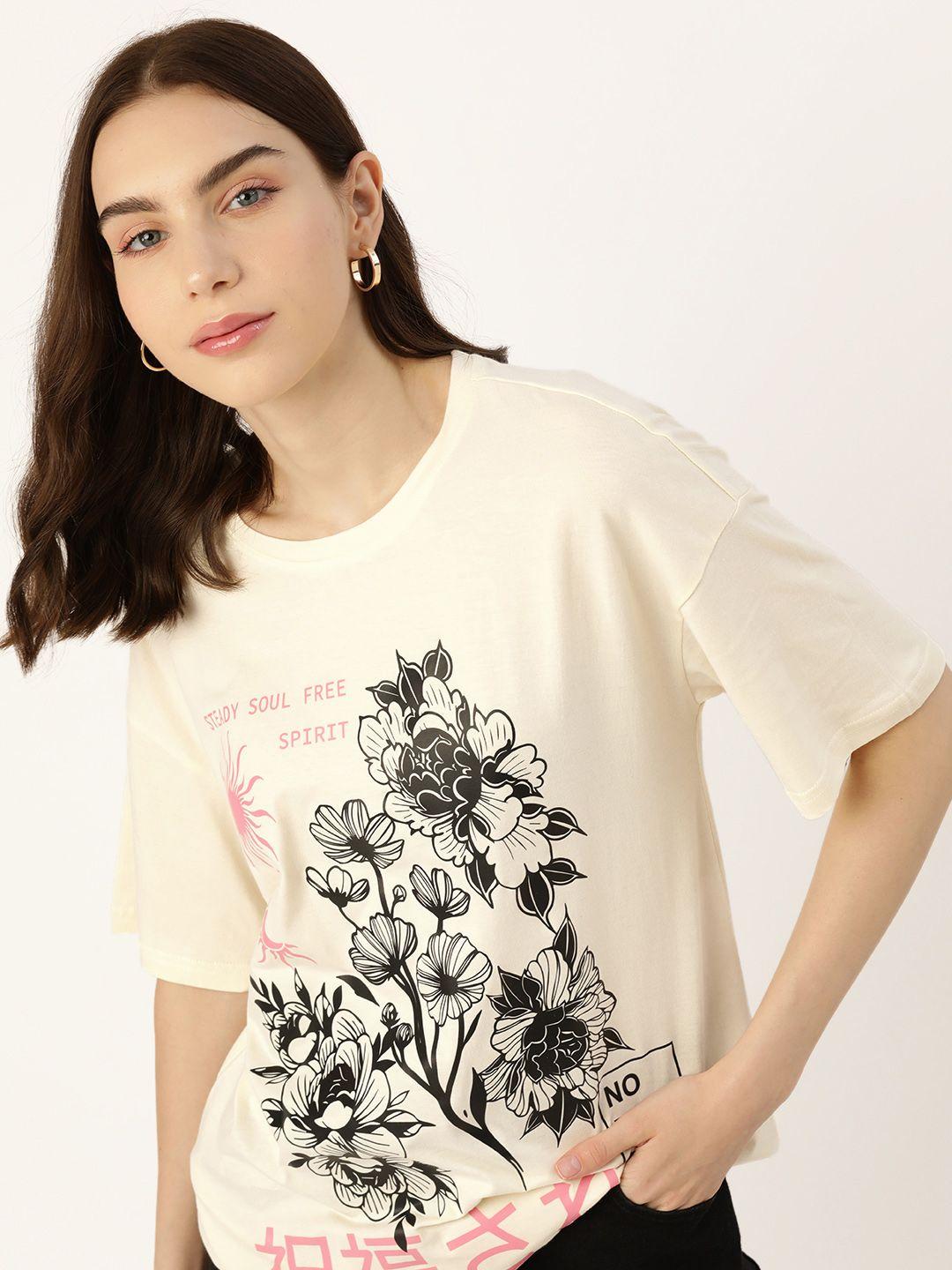 dressberry floral & typography printed drop-shoulder sleeves pure cotton t-shirt