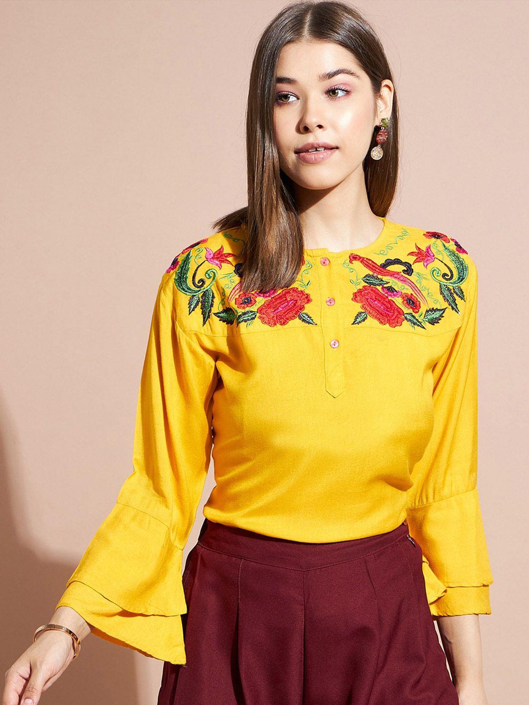 dressberry floral embroidered bell sleeve crepe top