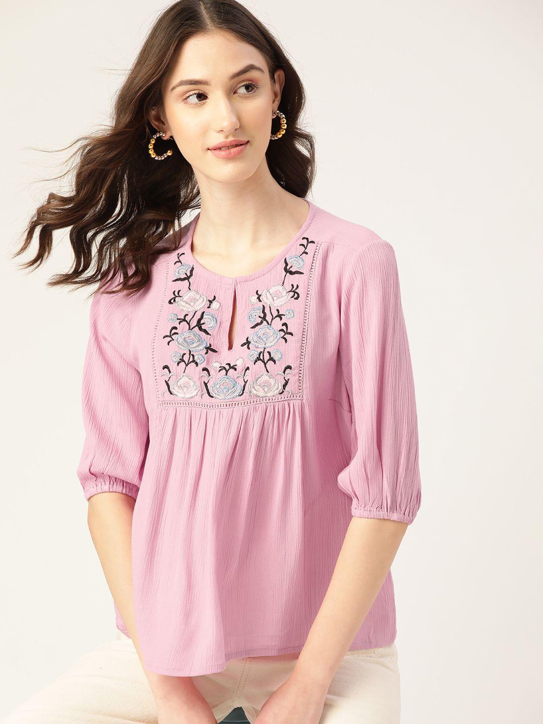 dressberry floral embroidered keyhole neck top