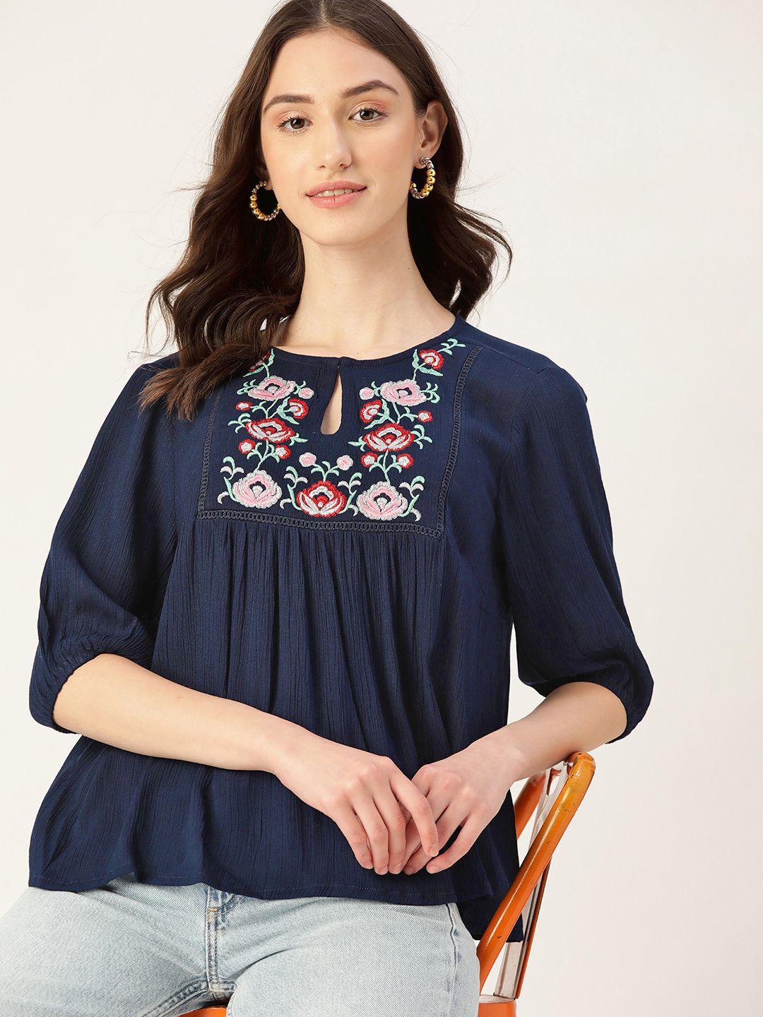 dressberry floral embroidered keyhole neck top