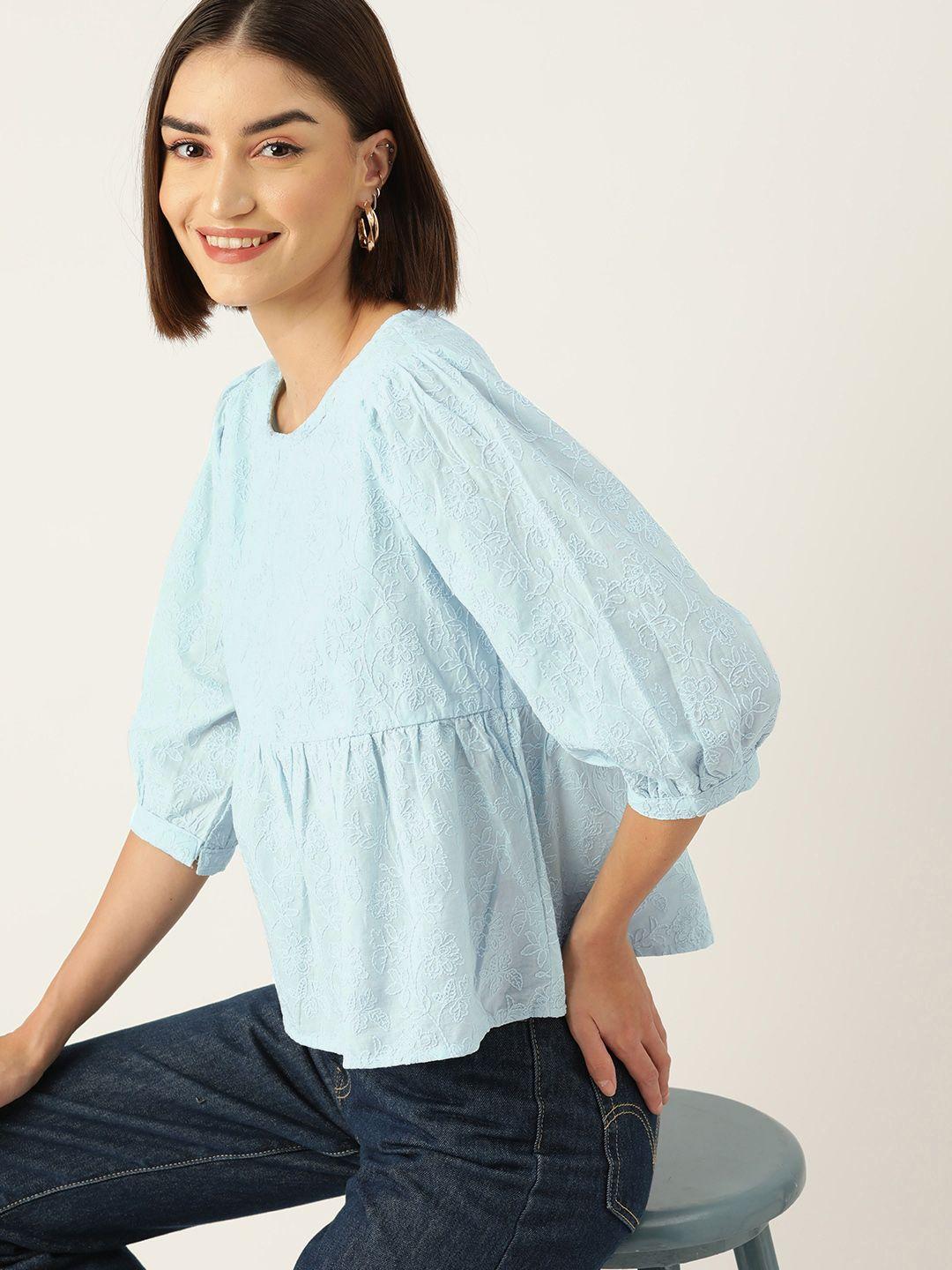 dressberry floral embroidered puff sleeve cotton peplum top