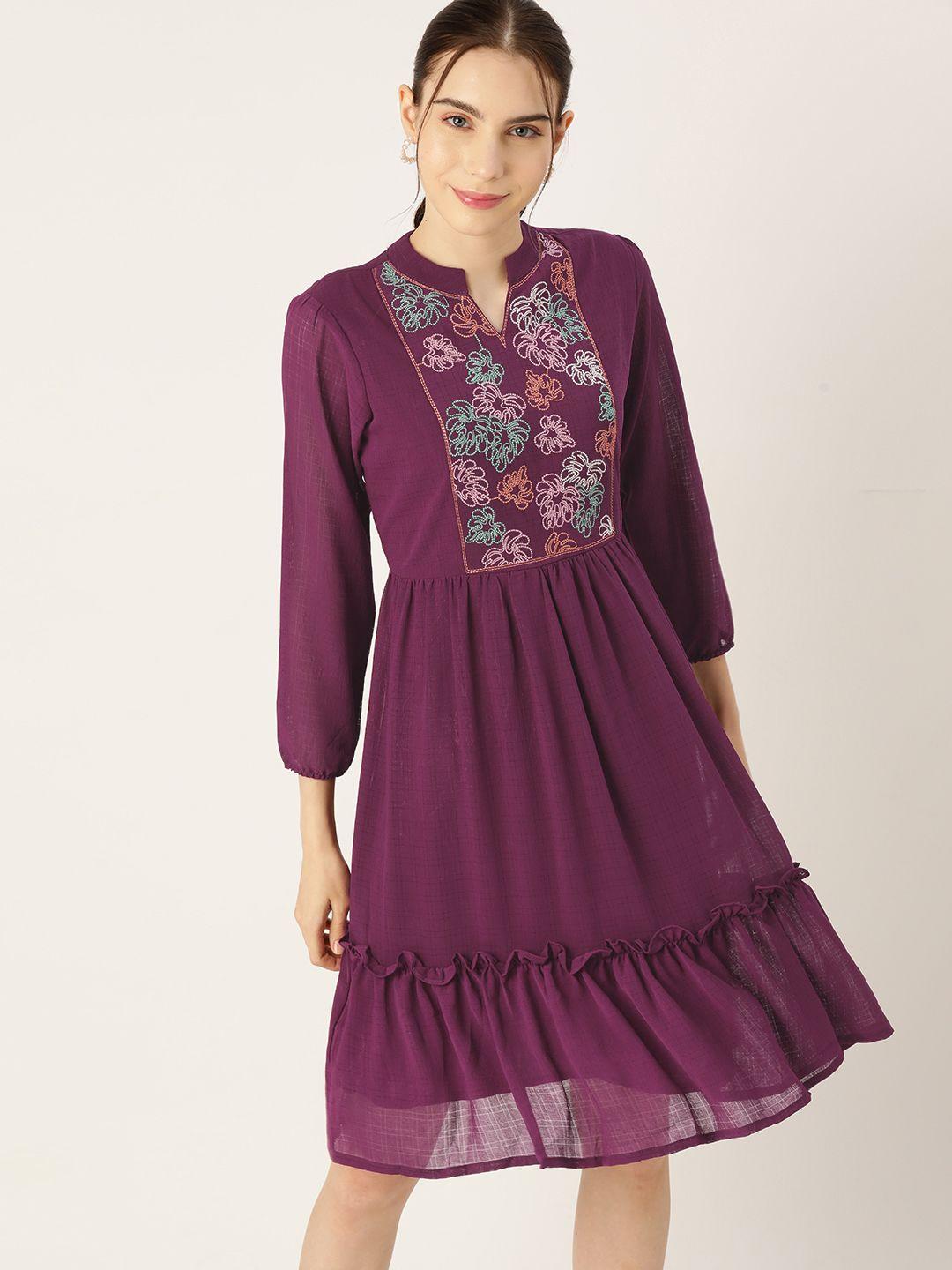 dressberry floral embroidered puff sleeve georgette fit & flare dress