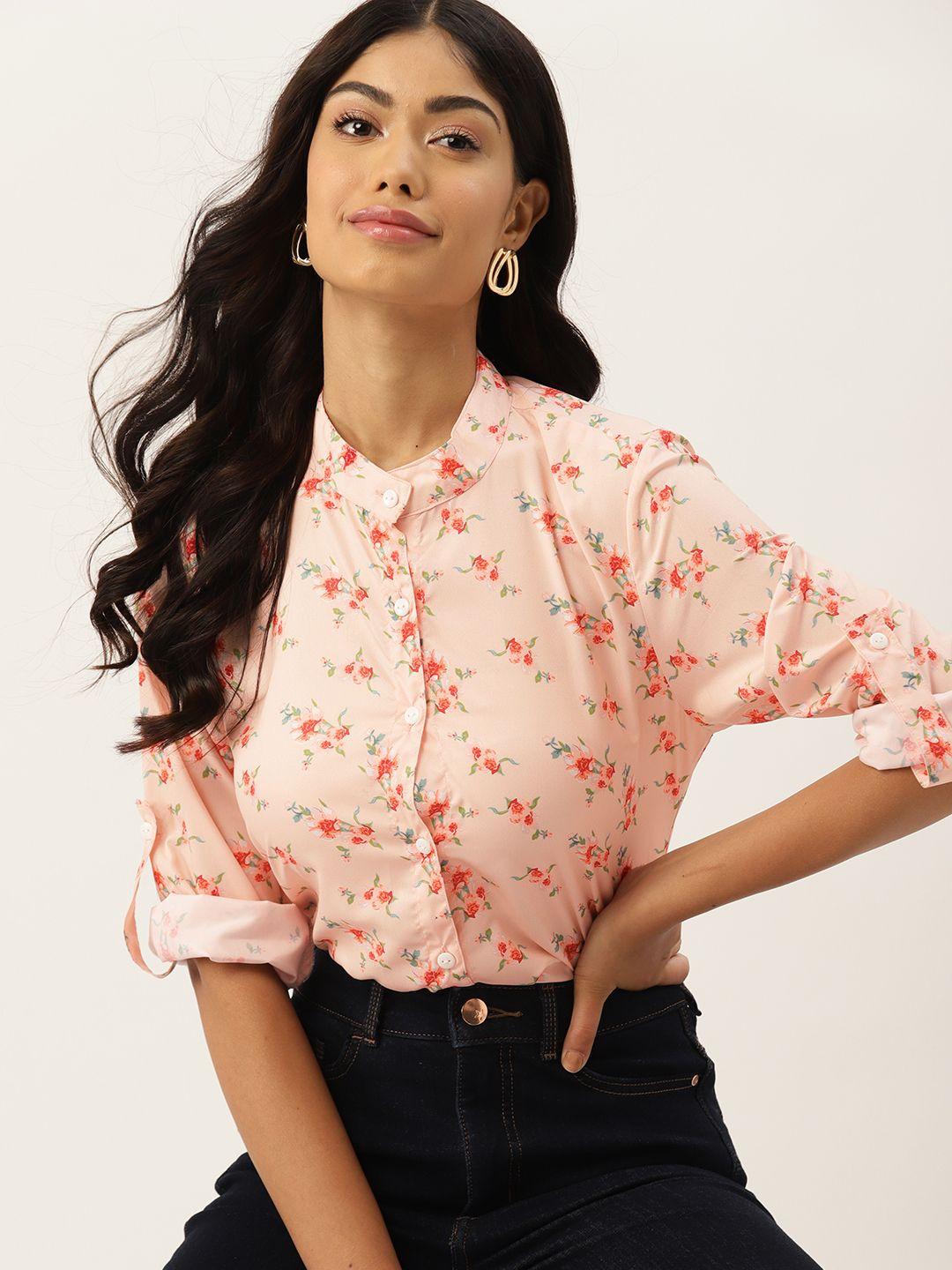 dressberry floral print mandarin collar crepe shirt style top