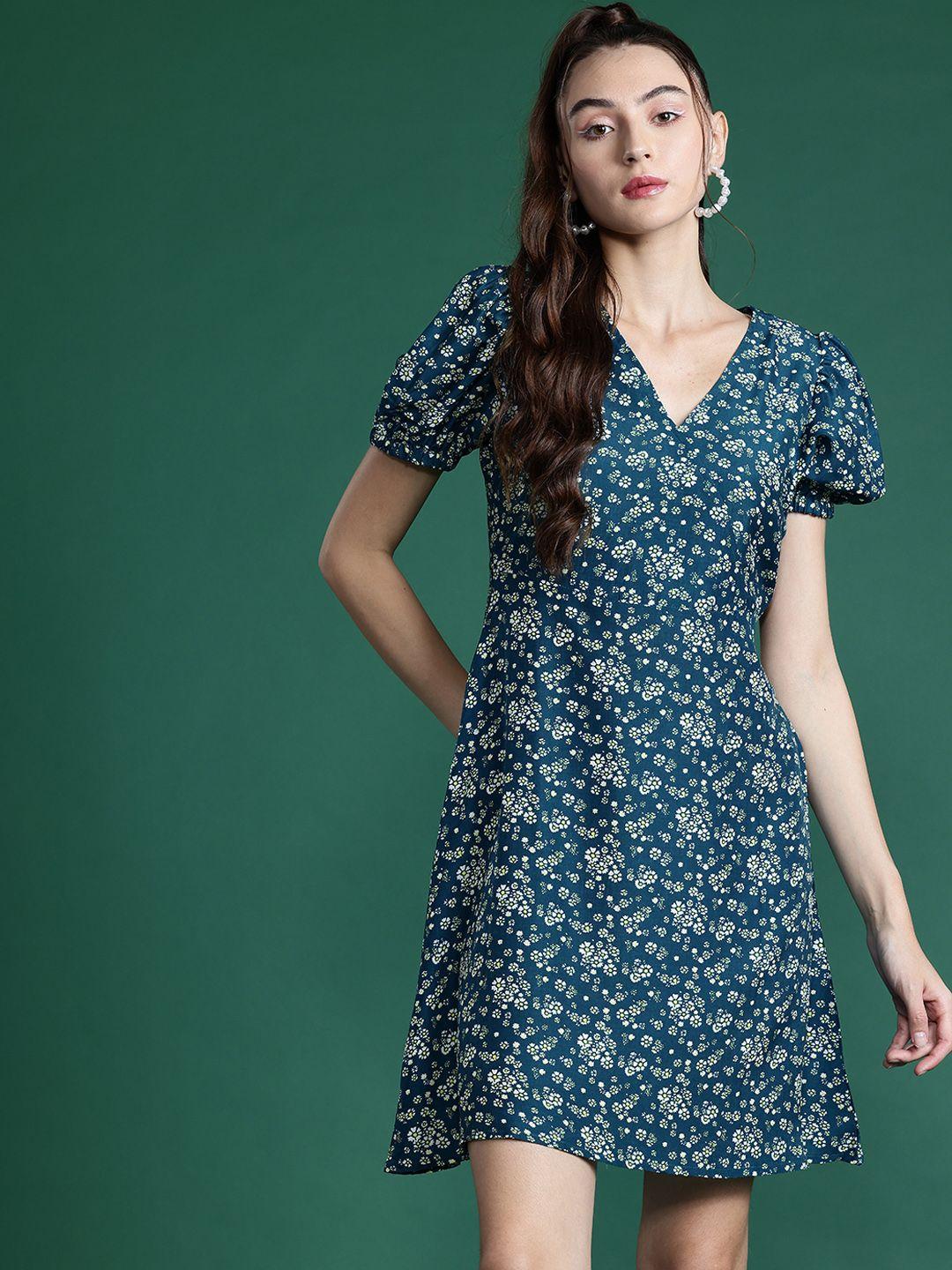 dressberry floral print puff sleeve fit & flare dress