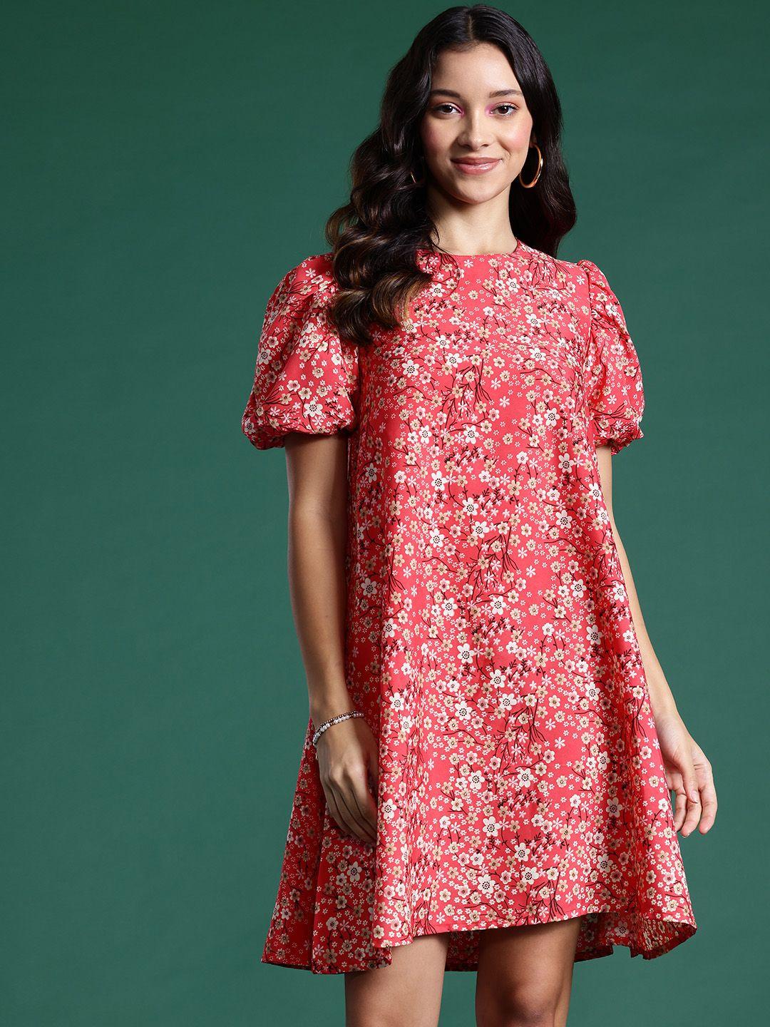 dressberry floral print puff sleeves a-line dress