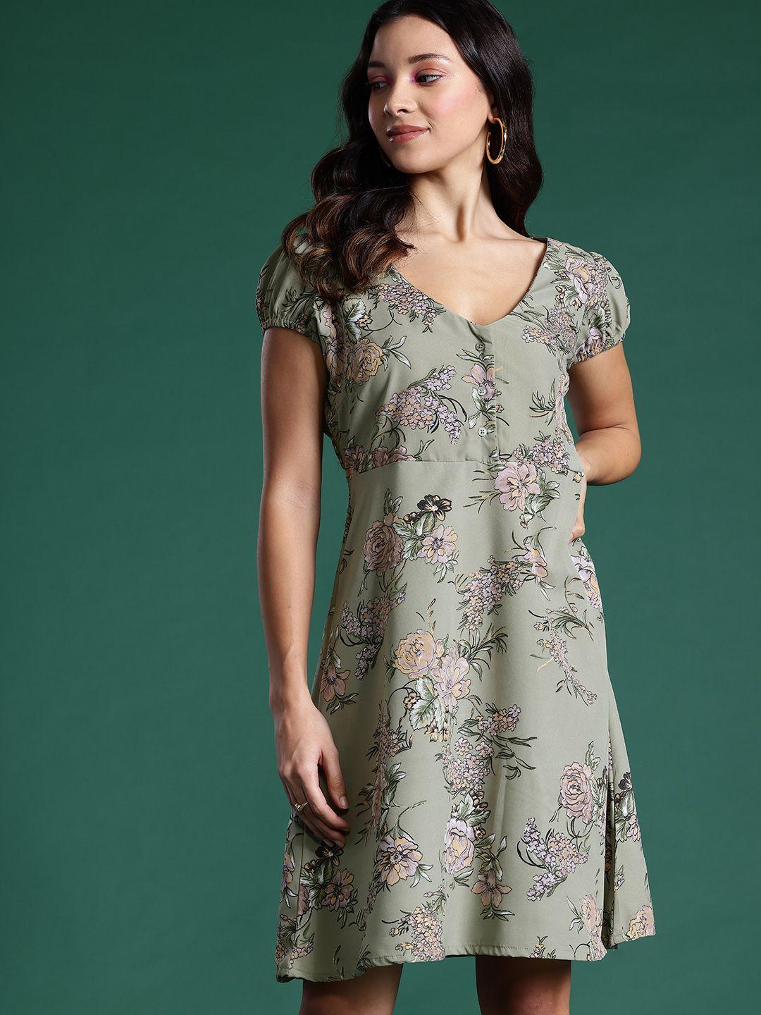 dressberry floral print puff sleeves a-line dress
