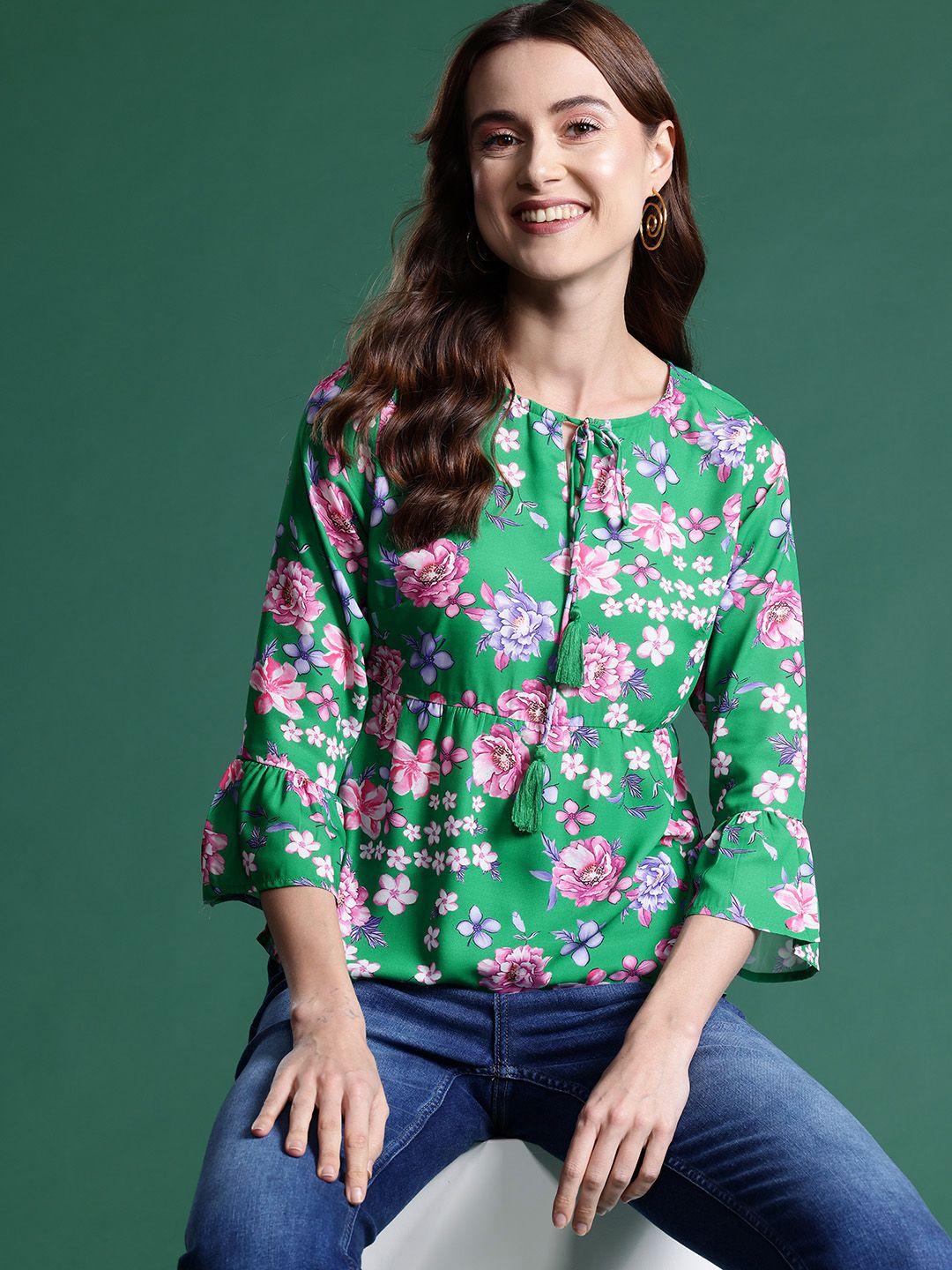 dressberry floral print tie-up neck poet sleeves peplum top