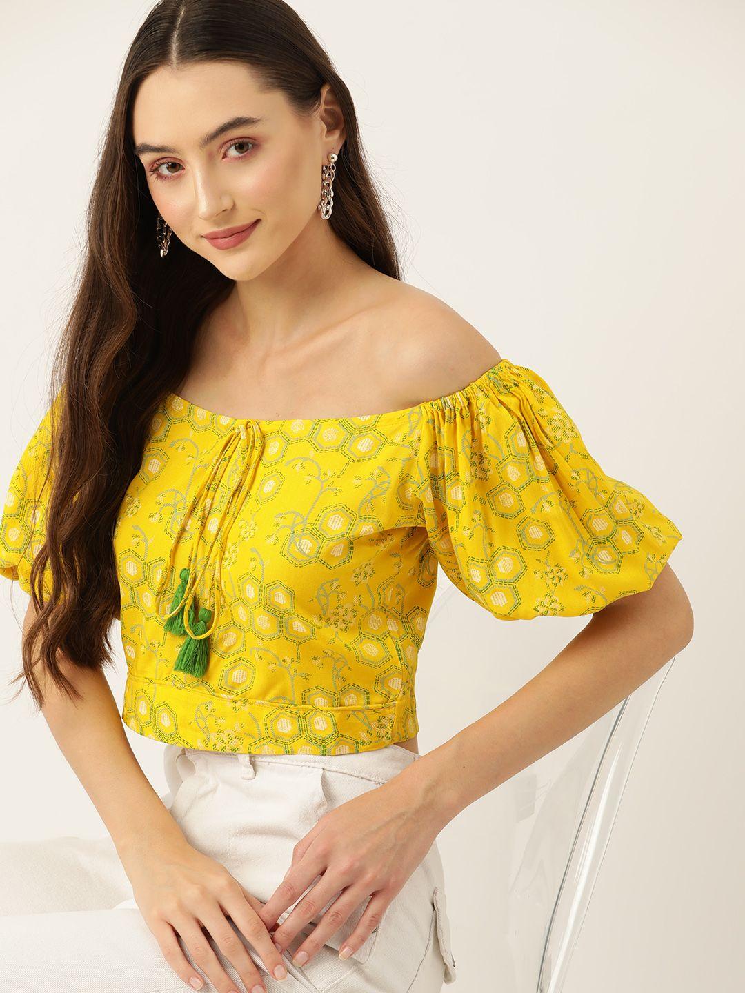 dressberry floral print tie-up neck puff sleeve crop top