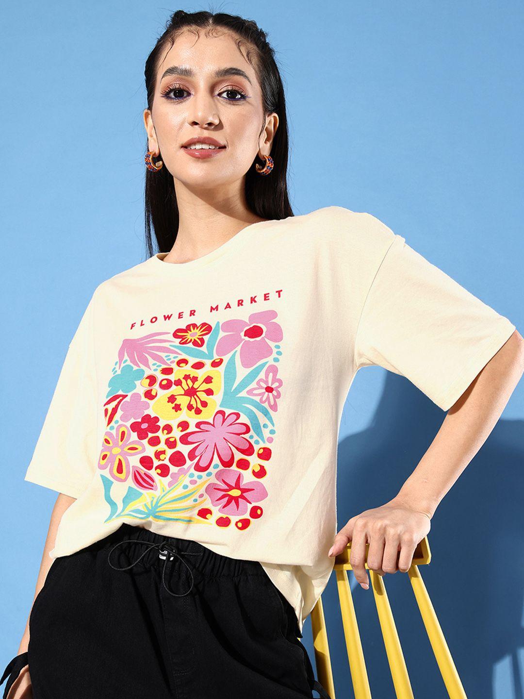 dressberry floral printed drop-shoulder pure cotton t-shirt