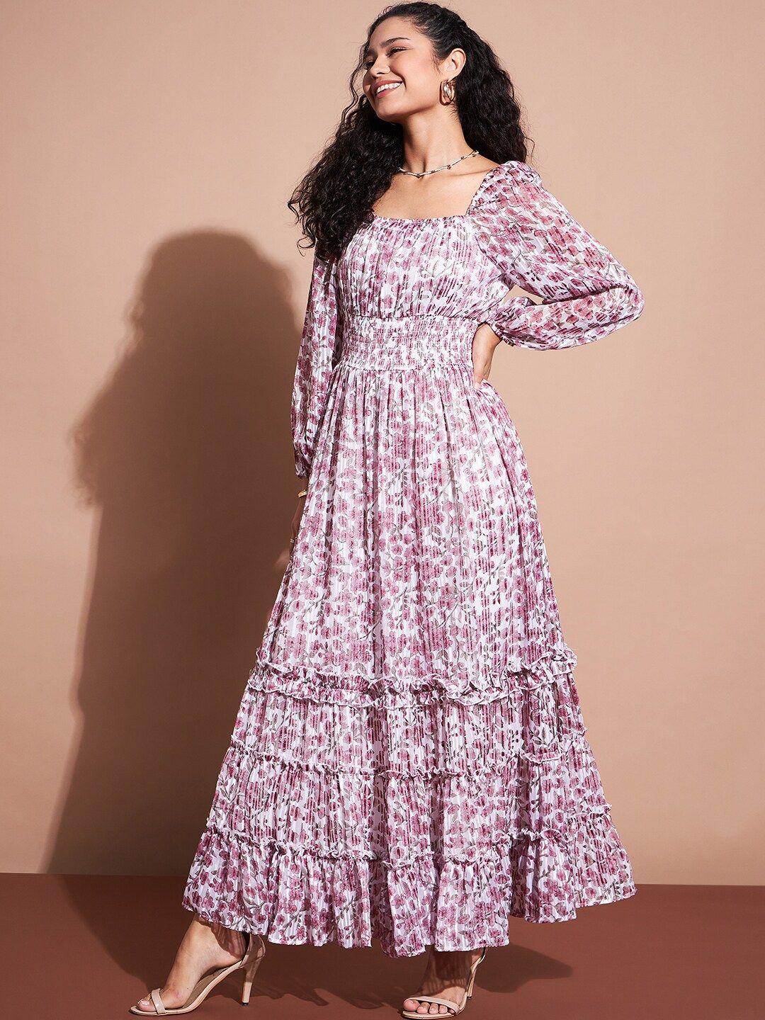 dressberry floral printed puff sleeve georgette pleated fit & flare maxi dress