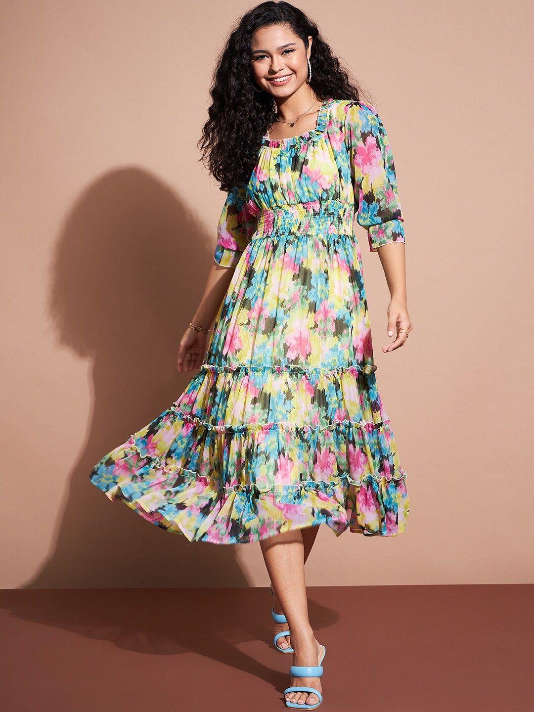 dressberry floral printed puff sleeve tiered ruffled midi dress