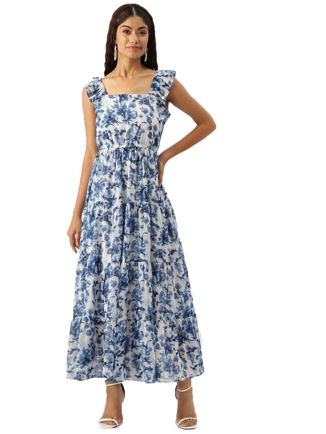 dressberry floral printed square neck ruffled tiered georgette maxi fit & flare dress