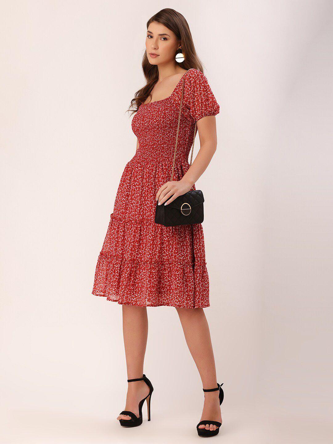 dressberry floral printed square neck smocked georgette a-line dress