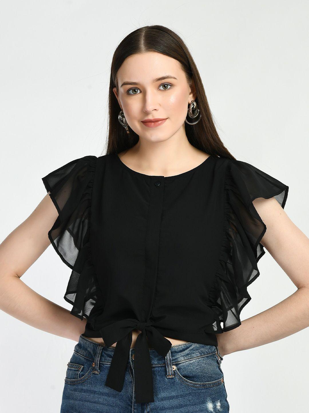 dressberry flutter sleeve waist tie ups cotton shirt style crop top