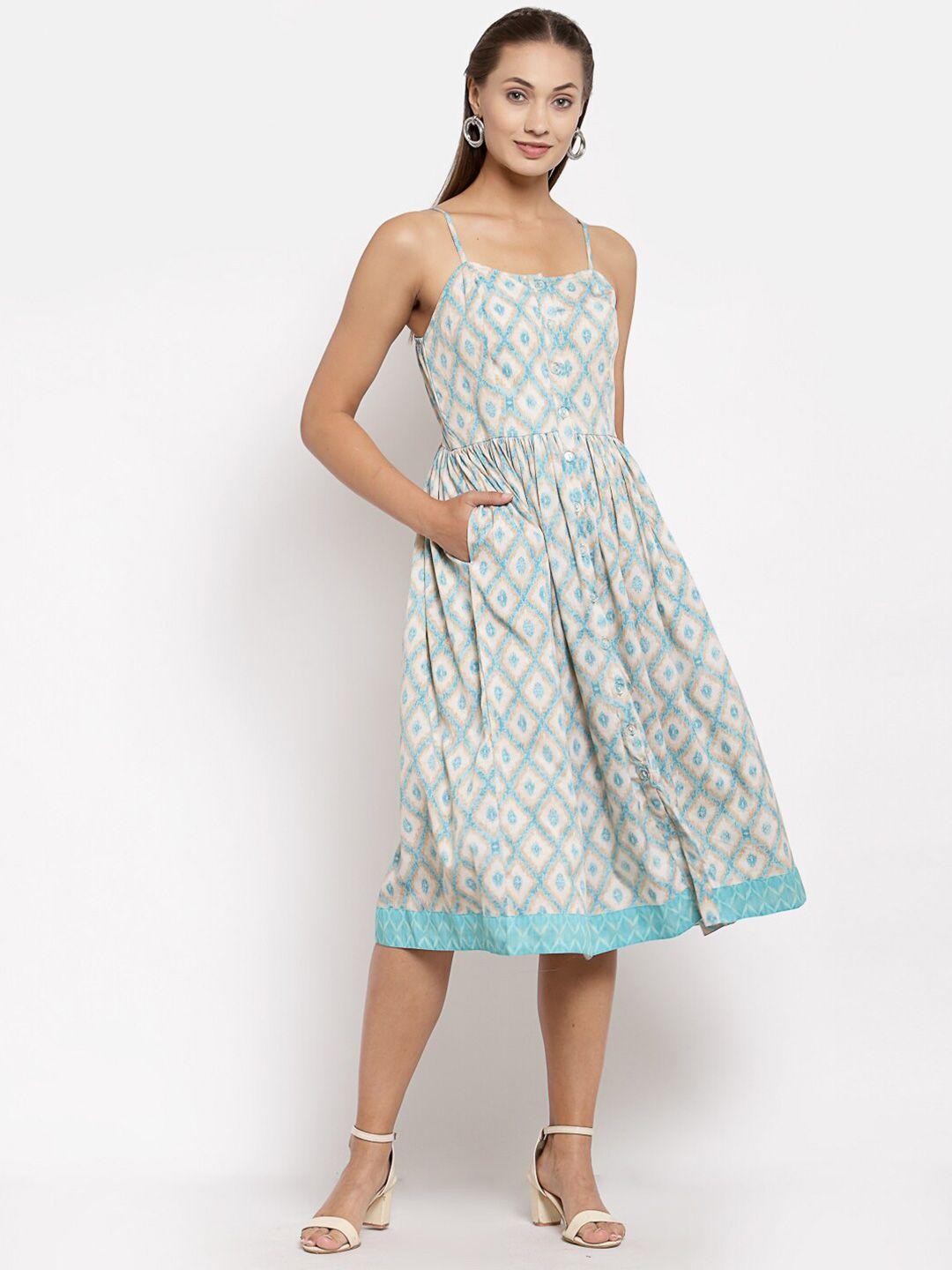 dressberry geometric printed shoulder straps cotton fit & flare midi dress