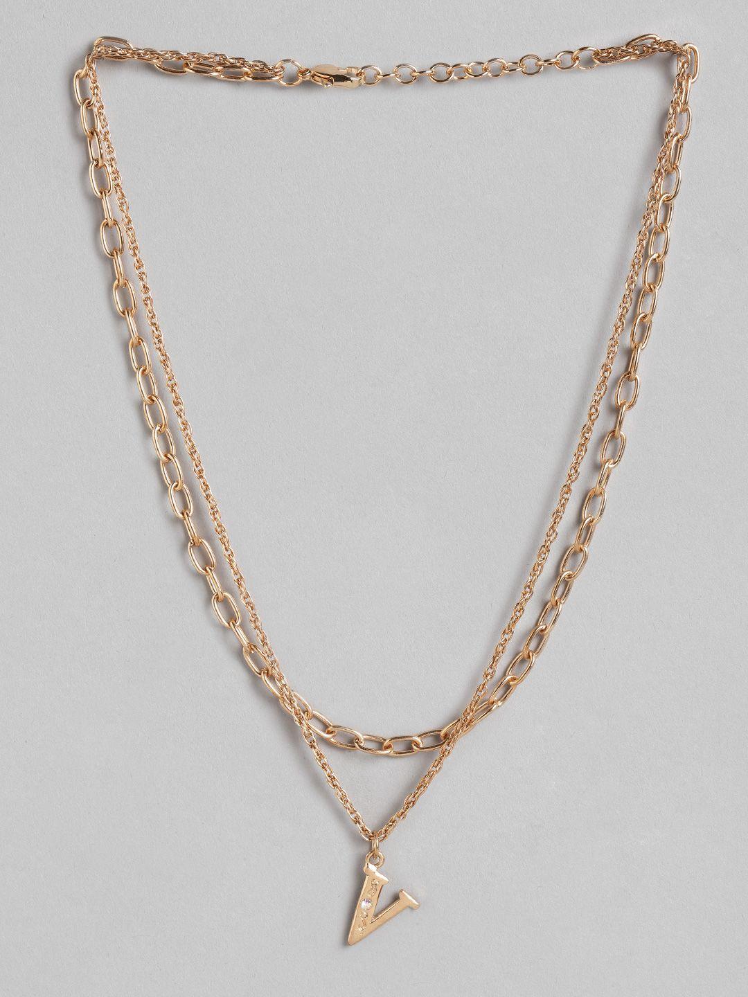 dressberry gold-toned stone-studded alphabet v charm layered necklace