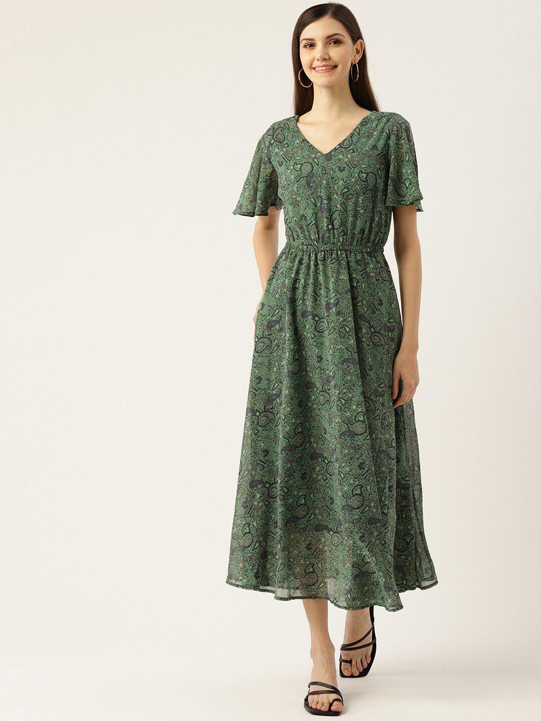 dressberry green & black  ethnic motifs printed flared sleeve v-neck fit-flare midi dress