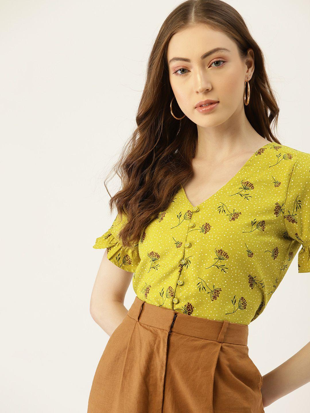 dressberry green & brown floral print ruffled regular top