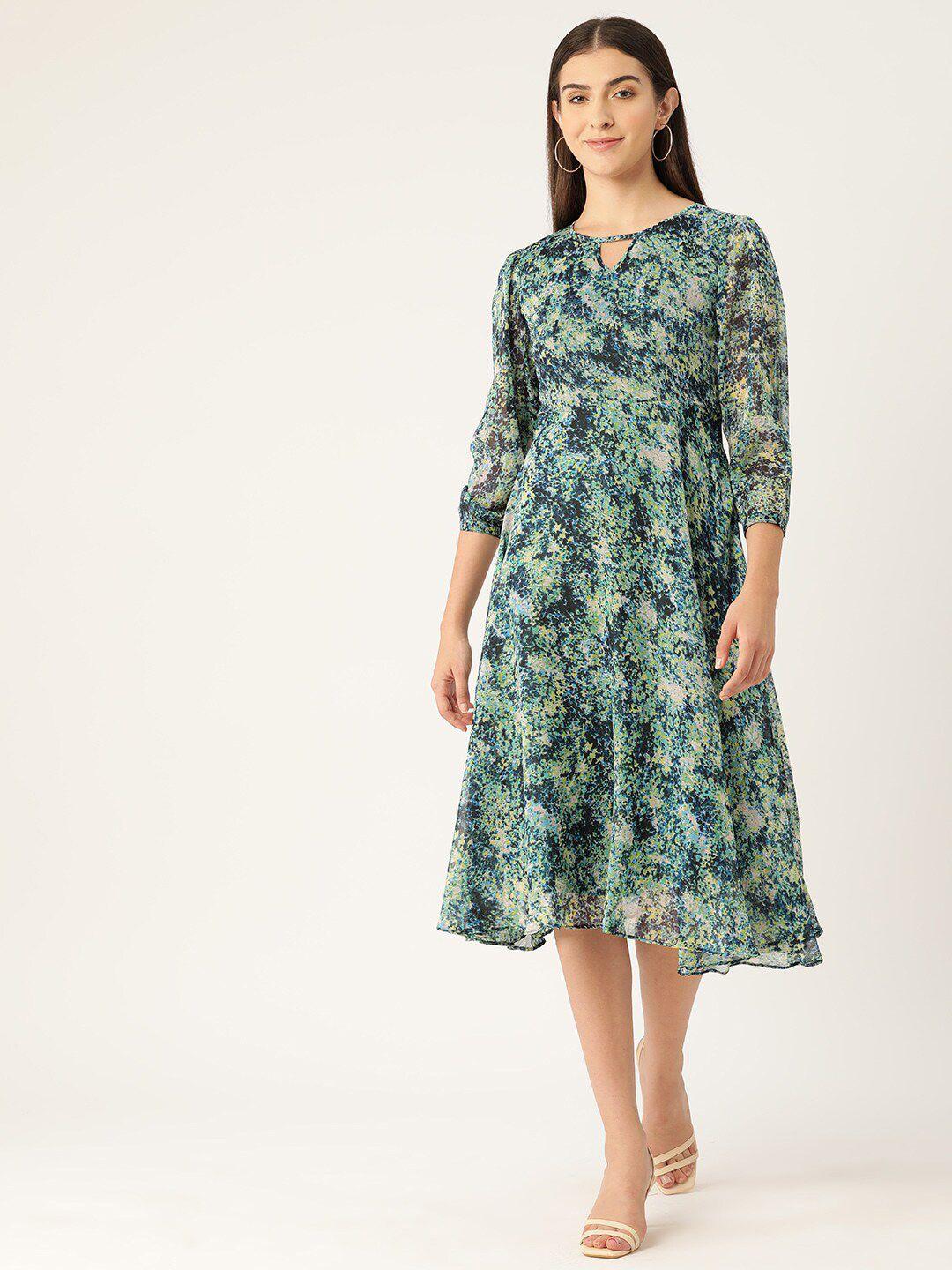 dressberry green & navy blue floral print puff sleeve fit & flare midi dress