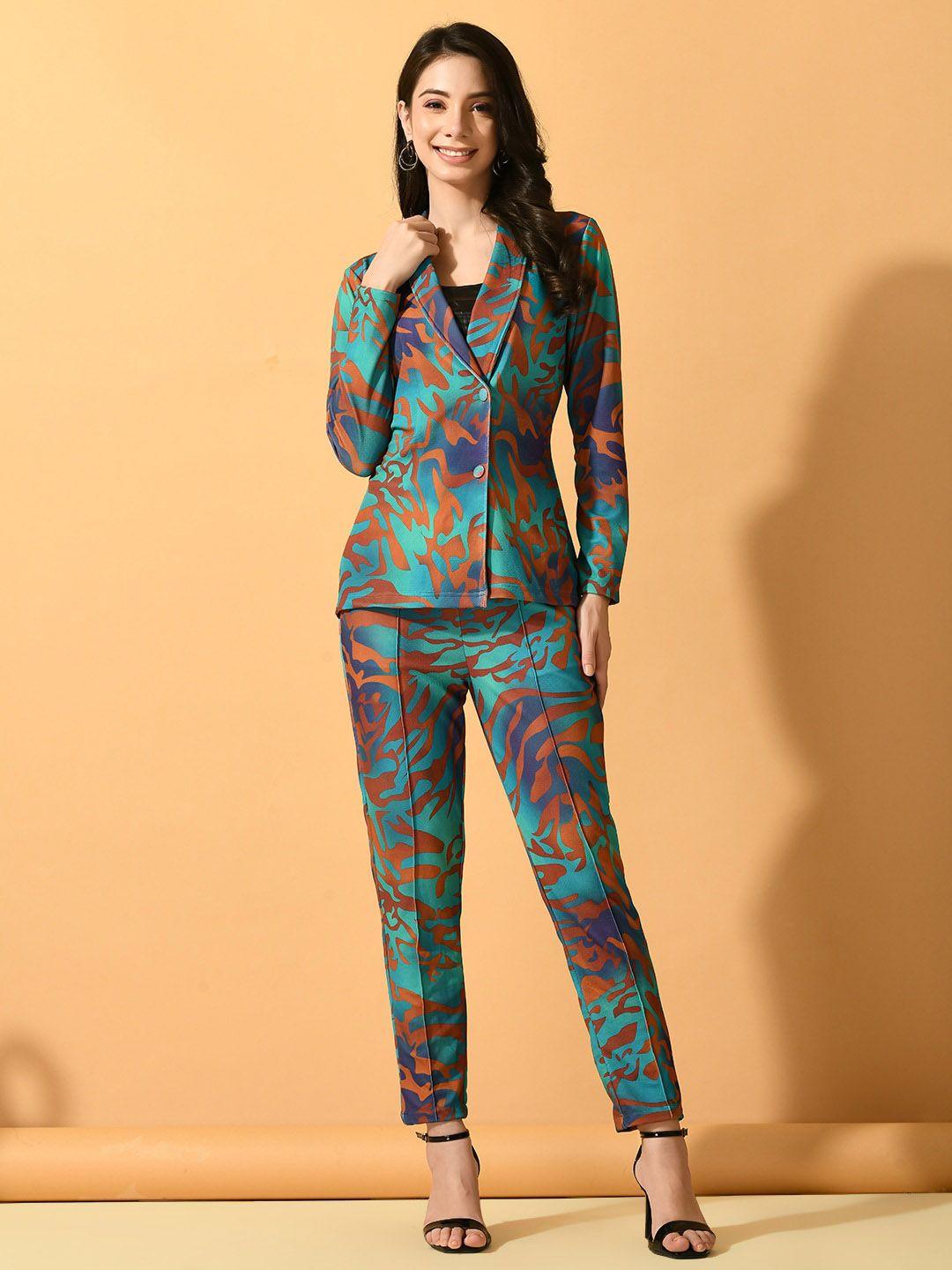 dressberry green & orange-coloured printed coat with trousers co-ords