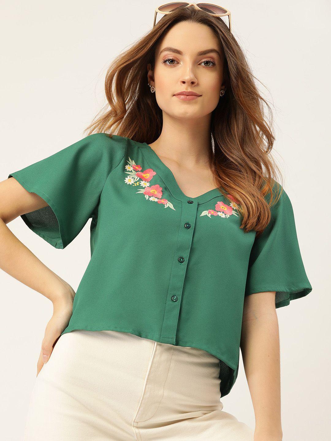 dressberry green & pink floral embroidered flared sleeve shirt style top