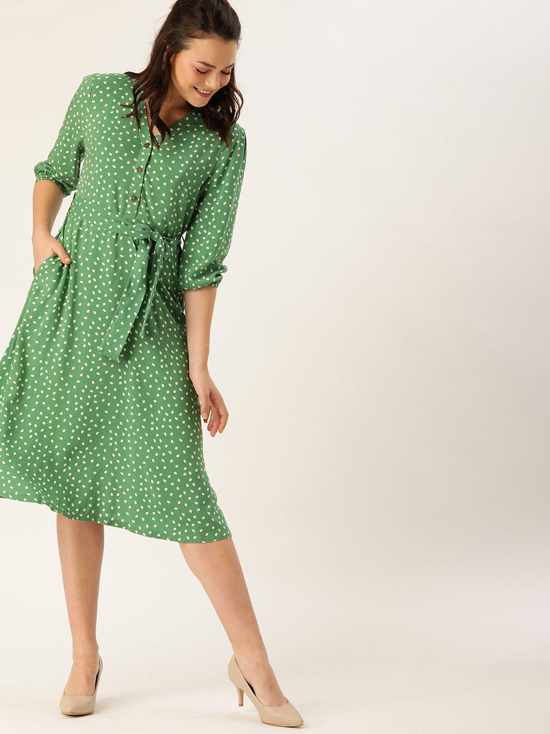 dressberry green & white polka dots printed fit and flare  sustainable ecovero dress