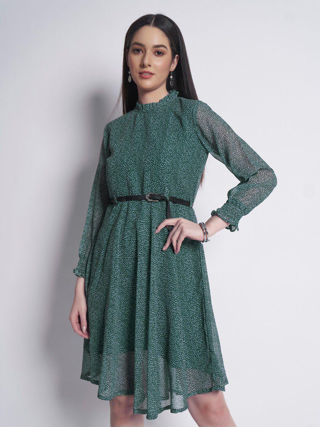 dressberry green abstract printed georgette fit & flare dress with belt
