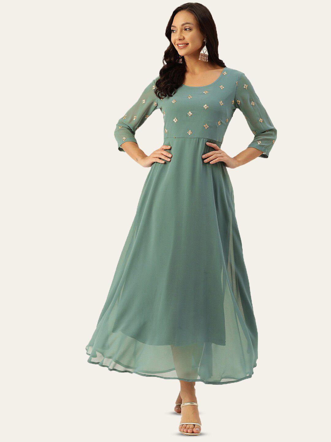 dressberry green embroidered detailed round neck a-line dress