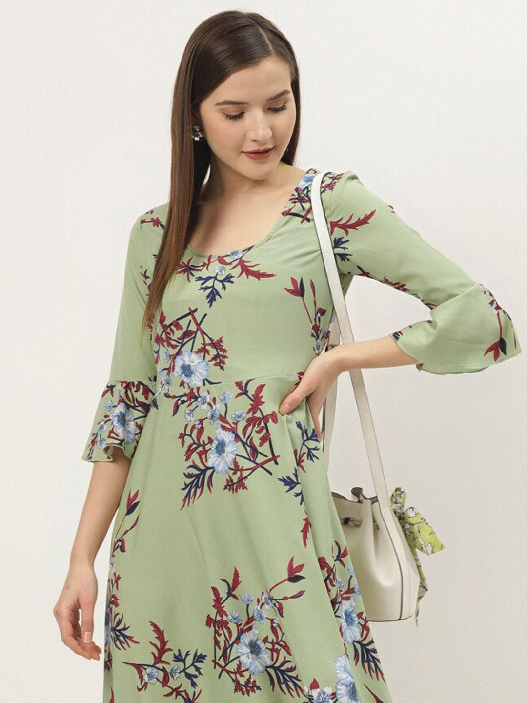 dressberry green floral print bell sleeve crepe maxi dress