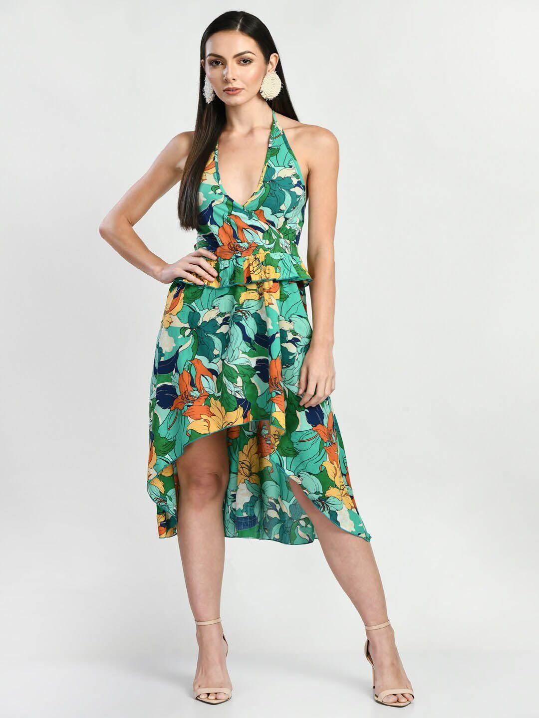 dressberry green floral print halter neck fit & flare midi dress