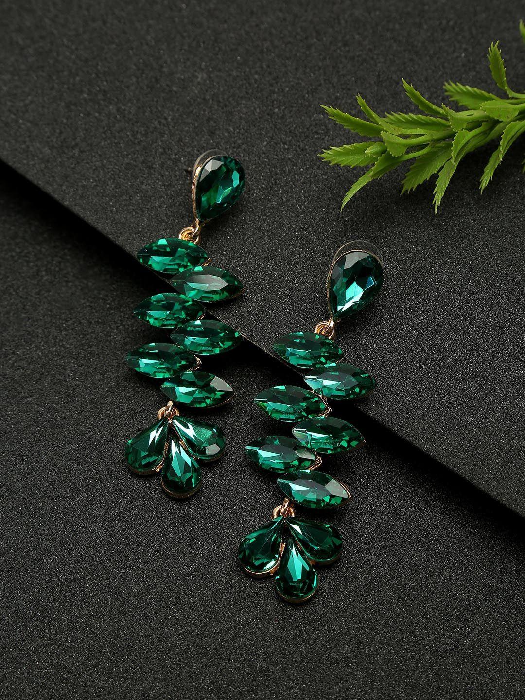 dressberry green gold-plated contemporary artificial stone studded drop earrings