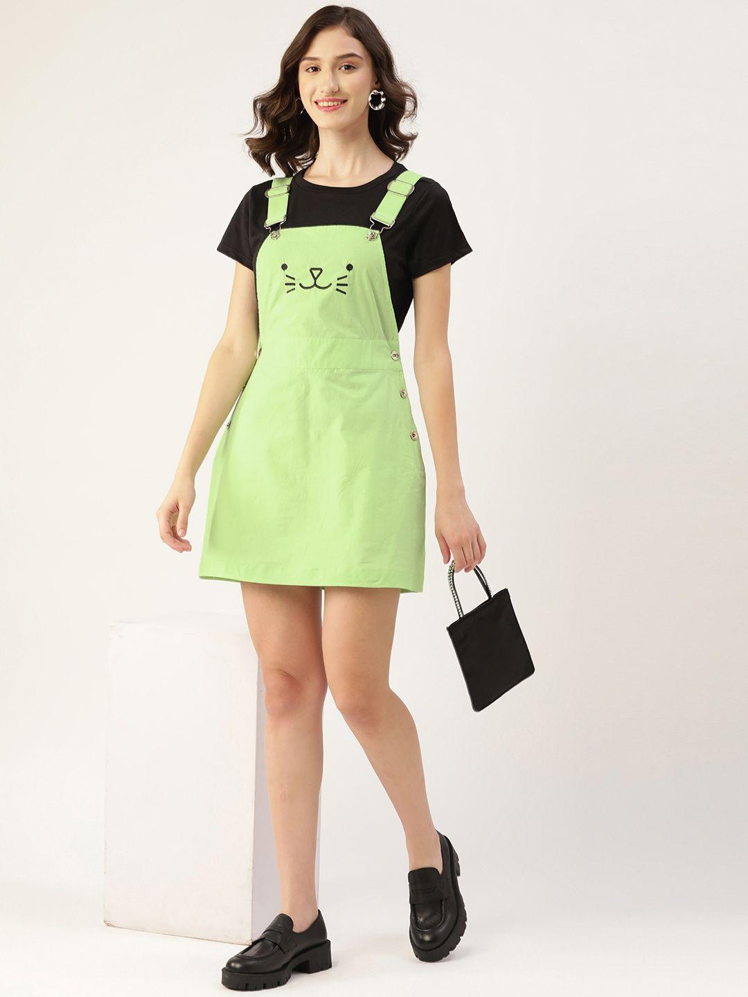 dressberry green pure cotton solid pinafore mini dress