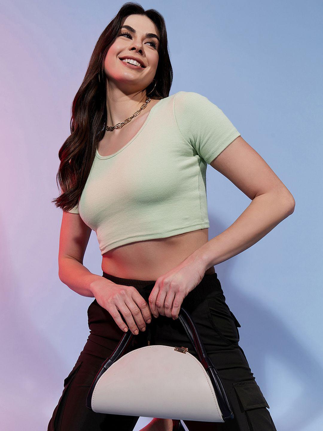 dressberry green round neck fitted crop top