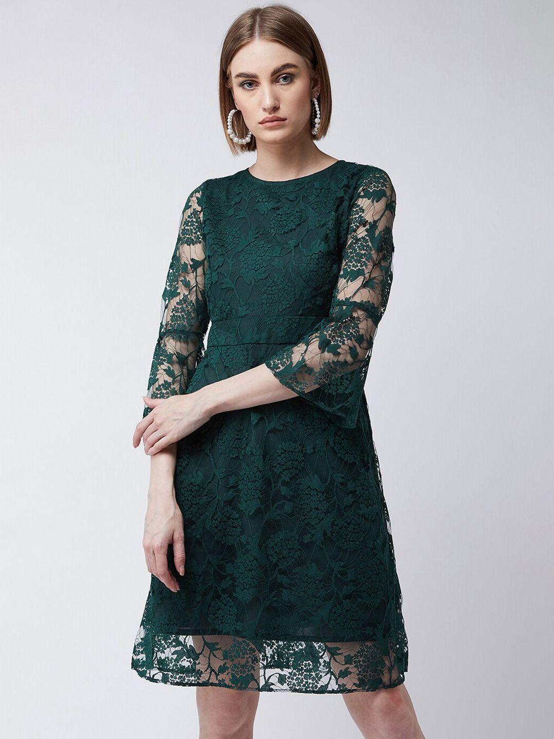 dressberry green self design flared sleeves lace a-line dress