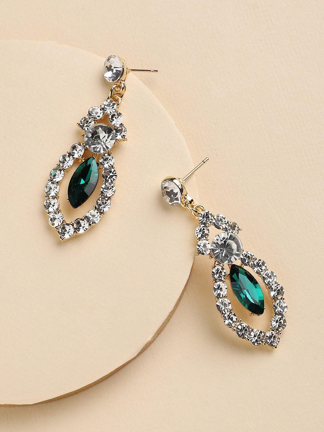 dressberry green silver-plated artificial stones studded drop earrings