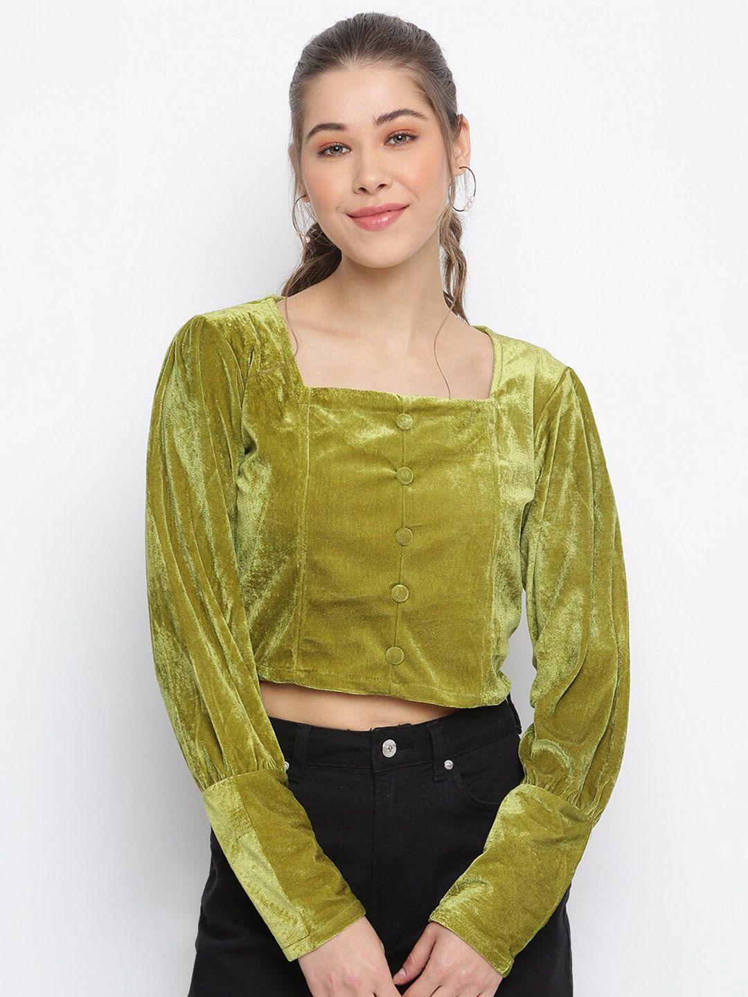 dressberry green square neck puff sleeves crop velvet top