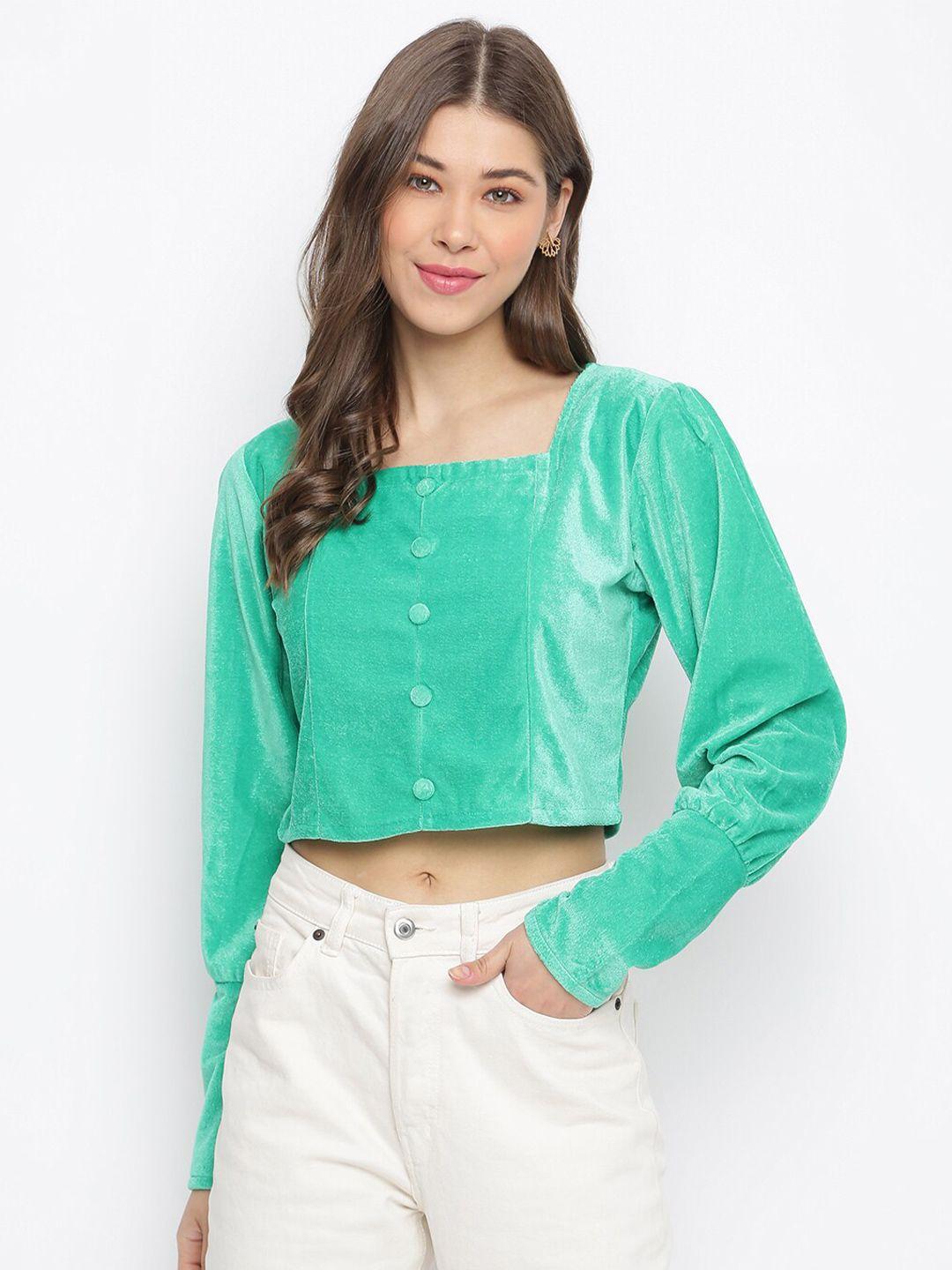 dressberry green square neck puff sleeves velvet crop top