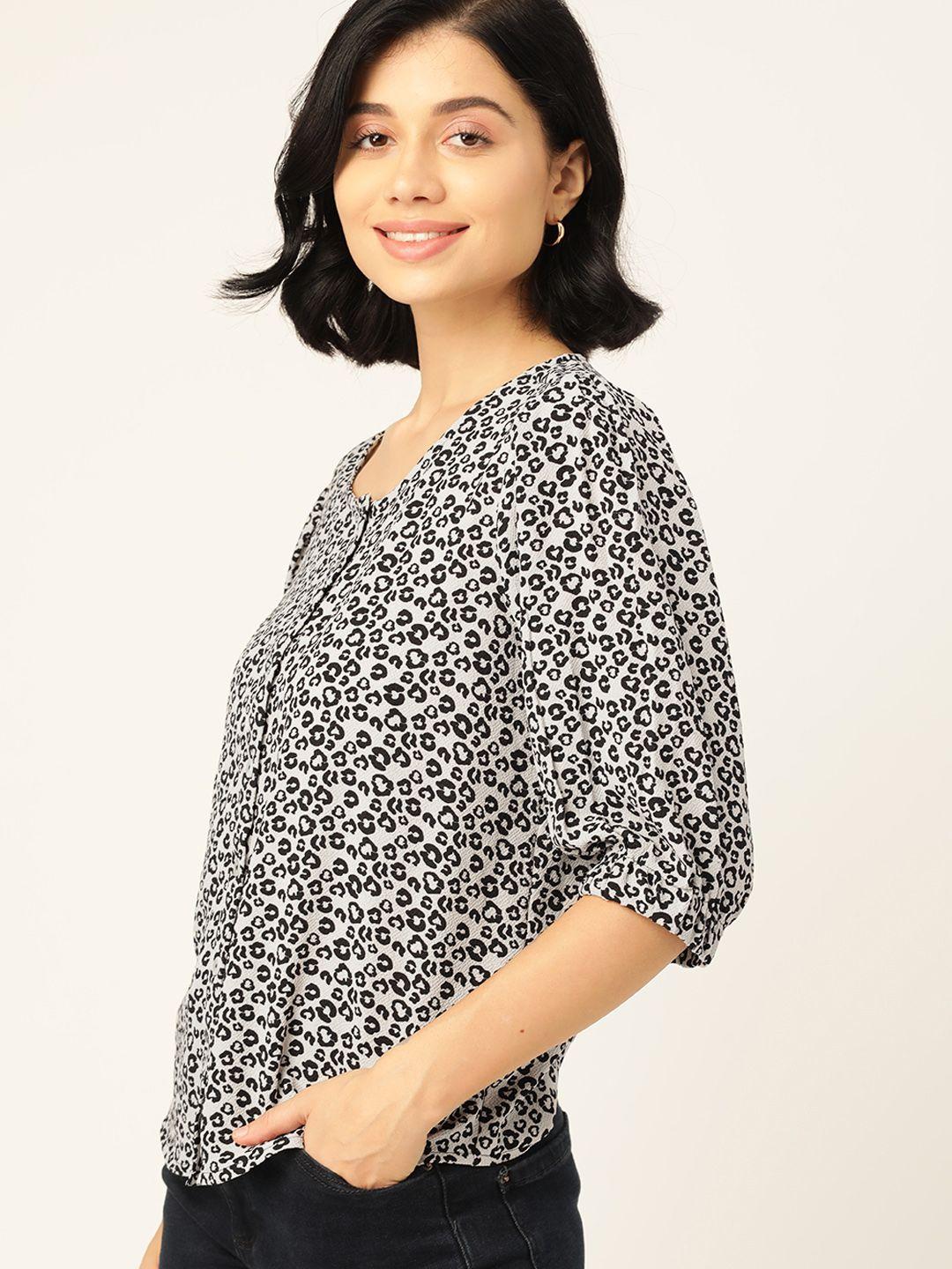 dressberry grey & black animal printed puff sleeves regular top