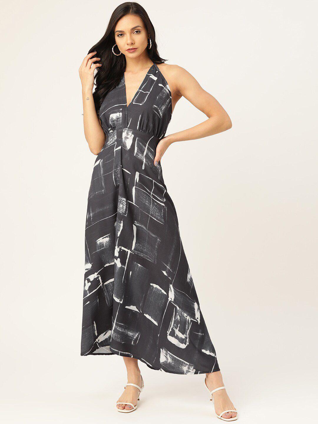 dressberry grey abstract printed halter neck fit and flare maxi dress