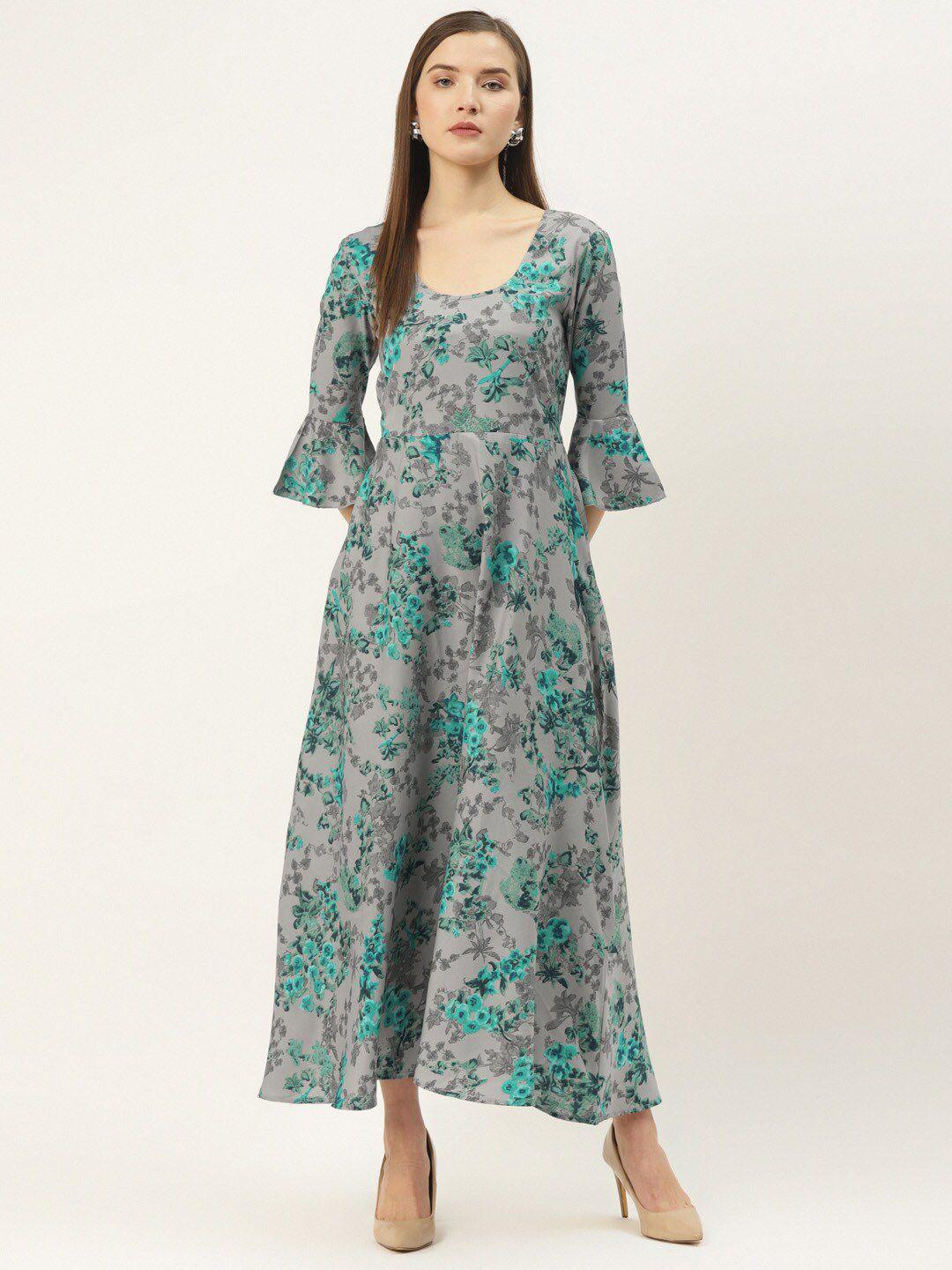 dressberry grey floral print bell sleeve crepe maxi dress